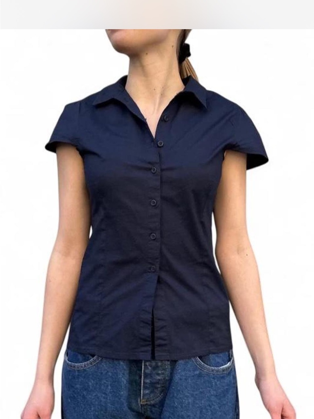 Brandy Melville Navy Sleeve Button-Up Top